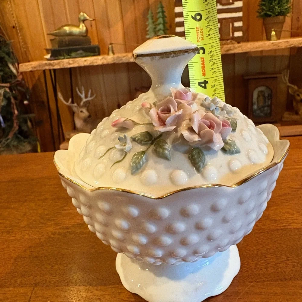Lefton China Hobnail Milk Glass Hand Painted Rose Trinket Jewelry Box 1192